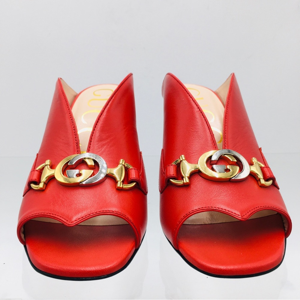 Gucci 602412 C9D00 6634 Red Leather Mid Heel Slide Sandals - Picture 6 of 13